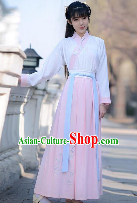 Traditional Ancient Chinese Young Lady Elegant Costume Embroidered Lotus Slant Opening Blouse and Pink Slip Skirt Complete Set , Elegant Hanfu Clothing Chinese Jin Dynasty Imperial Princess Clothing for Women