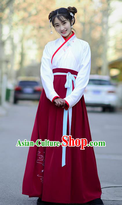 Traditional Ancient Chinese Young Lady Costume Embroidered Blouse and Red Slip Skirt Complete Set , Elegant Hanfu Suits Clothing Chinese Ming Dynasty Imperial Princess Dress Clothing for Women
