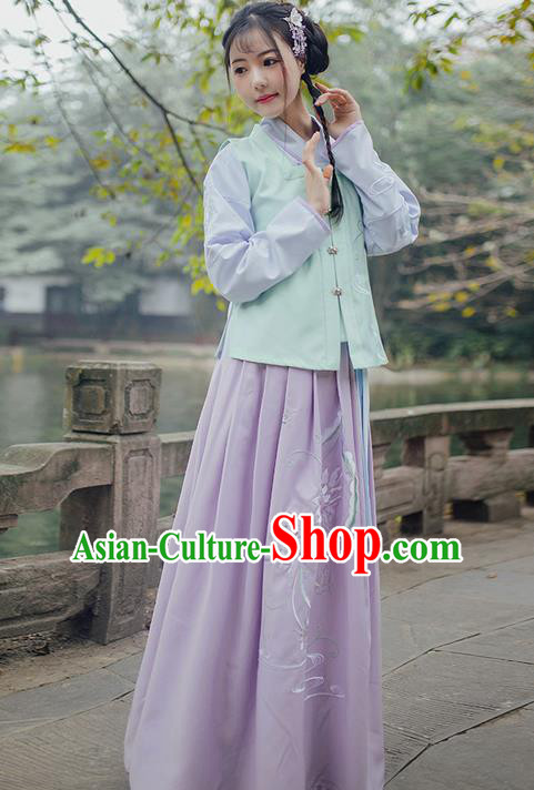 Traditional Ancient Chinese Young Lady Elegant Costume Embroidered Sleeveless Over-dress Slant Opening Blouse and Slip Skirt Complete Set, Elegant Hanfu Clothing Chinese Ming Dynasty Imperial Princess Clothing for Women