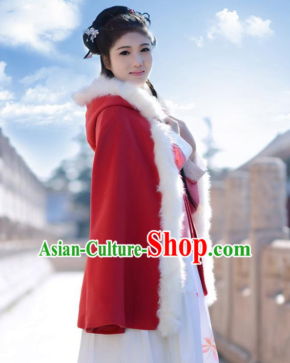 Traditional Chinese Ancient Ming Dynasty Princess Wool Red Mantle Cape for Women