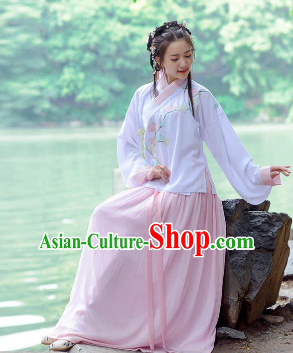 Traditional Ancient Chinese Young Lady Costume Embroidered Blouse and Slip Skirt Complete Set, Elegant Hanfu Suits Clothing Chinese Ming Dynasty Imperial Princess Dress Clothing for Women