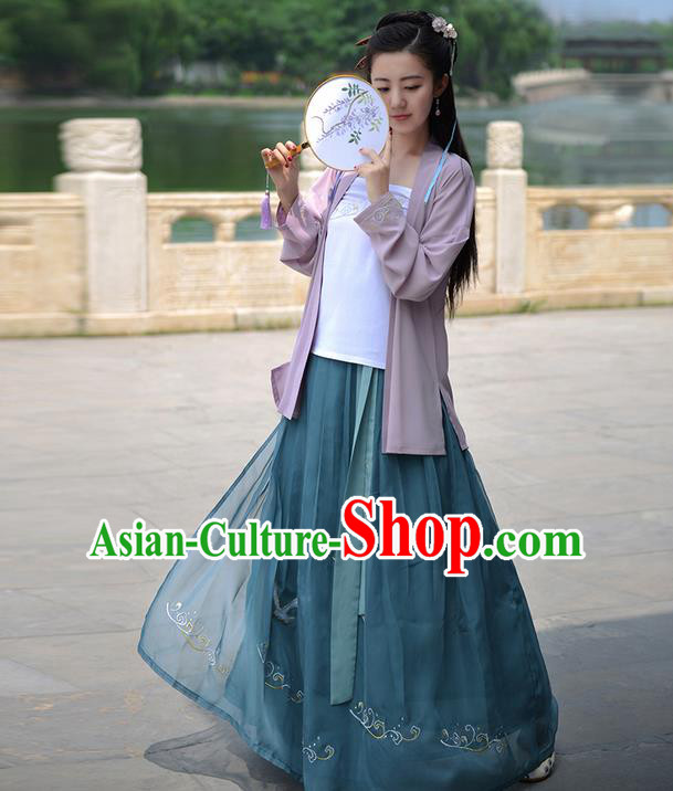 Traditional Ancient Chinese Young Lady Costume Embroidered Cardigan Blouse Boob Tube Top and Slip Skirt Complete Set, Elegant Hanfu Suits Clothing Chinese Song Dynasty Imperial Princess Dress Clothing for Women