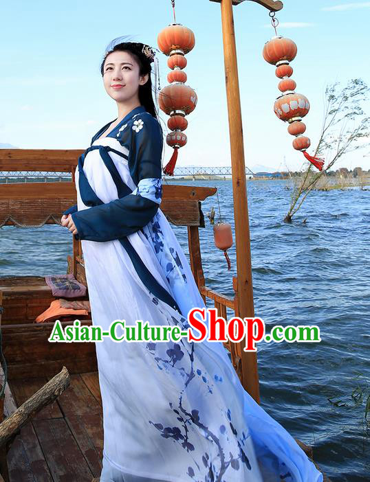 Traditional Ancient Chinese Young Lady Costume Embroidered Blouse and Ink Plum Blossom Slip Skirt Complete Set, Elegant Hanfu Suits Clothing Chinese Tang Dynasty Imperial Princess Dress Clothing for Women