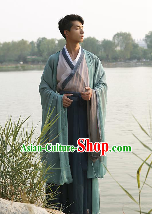 Traditional Ancient Chinese Elegant Costume Wide Sleeve Cardigan Slant Opening Blouse and Slip Skirt Complete Set, Elegant Hanfu Clothing Chinese Jin Dynasty Imperial Princess Clothing for Men