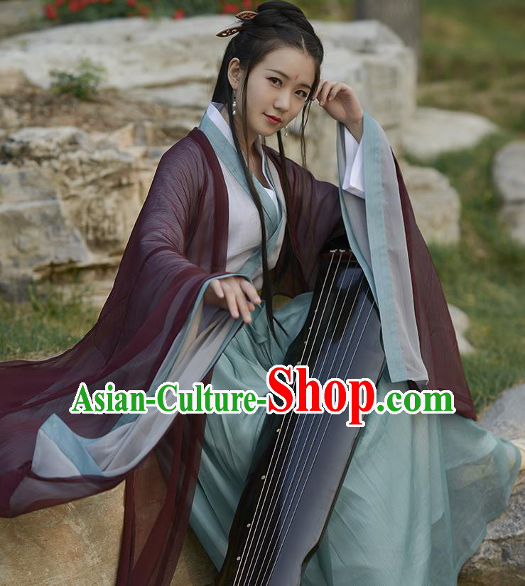 Traditional Ancient Chinese Elegant Costume Wide Sleeve Cardigan Slant Opening Blouse and Slip Skirt Complete Set, Elegant Hanfu Clothing Chinese Jin Dynasty Imperial Princess Clothing for Women