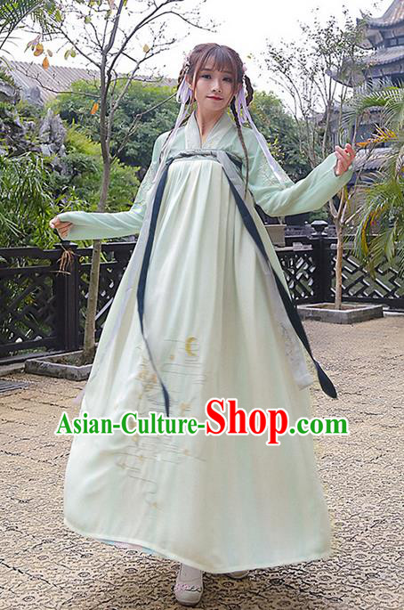 Traditional Ancient Chinese Costume, Elegant Hanfu Clothing Embroidered Slant Opening Green Blouse and Slip Dress, China Tang Dynasty Princess Elegant Blouse and Skirt Complete Set for Women