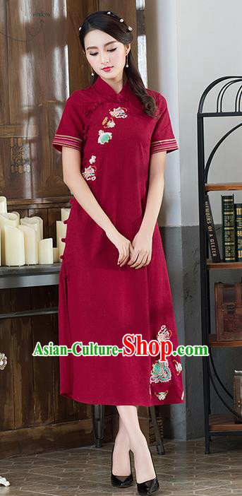 Traditional Ancient Chinese National Costume, Elegant Hanfu Mandarin Qipao Embroidered Red Dress, China Tang Suit Cheongsam Upper Outer Garment Elegant Dress Clothing for Women