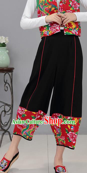 Traditional Chinese National Costume Northeast Cloth Plus Fours, Elegant Hanfu Printing Peony Black Bloomers, China Ethnic Minorities Tang Suit Pantalettes for Women