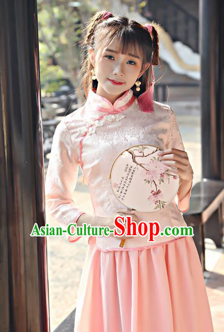 Traditional Chinese National Costume, Elegant Hanfu Embroidery Stand Collar Slant Opening Pink Blouses, China Tang Suit Republic of China Plated Buttons Chirpaur Blouse Cheong-sam Upper Outer Garment Qipao Shirts Clothing for Women