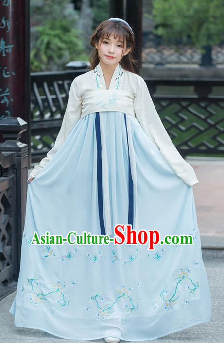 Traditional Ancient Chinese Young Lady Costume Embroidered Blouse and Blue Slip Skirt Complete Set, Elegant Hanfu Suits Clothing Chinese Tang Dynasty Imperial Princess Dress Clothing for Women