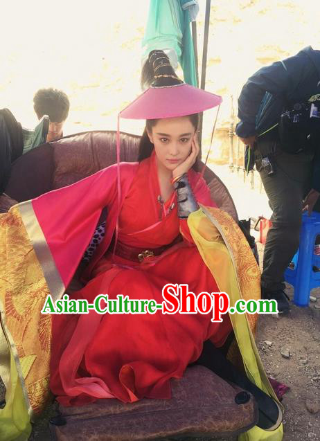 Traditional Ancient Chinese Chivalrous Swordswoman Costume and Bamboo Hat Complete Set, Chinese Ming Dynasty Chivalrous Woman Red Dress, Cosplay Chinese Television Drama Vagabondize Heroine Hanfu Trailing Embroidery Clothing for Women