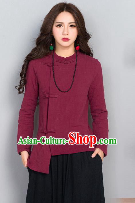 Traditional Chinese National Costume, Elegant Hanfu Linen Slant Opening Red T-Shirt, China Tang Suit Republic of China Plated Buttons Chirpaur Blouse Cheong-sam Upper Outer Garment Qipao Shirts Clothing for Women