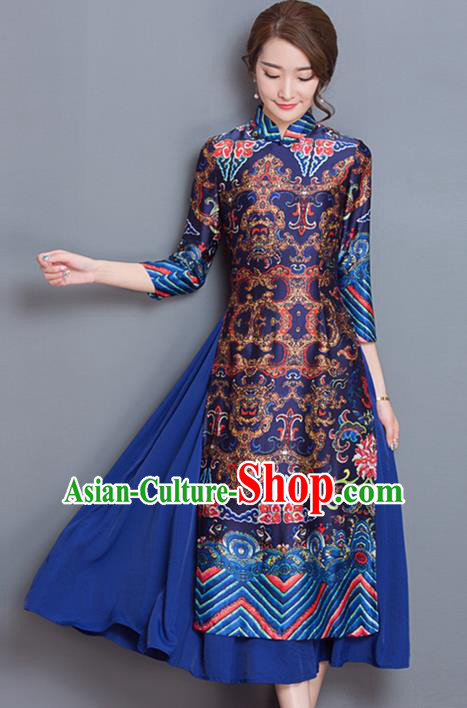 Traditional Chinese National Costume, Elegant Hanfu Embroidered Ao Dai Pattern Navy Dress, China Tang Suit Chirpaur Upper Outer Garment Elegant Dress Clothing for Women