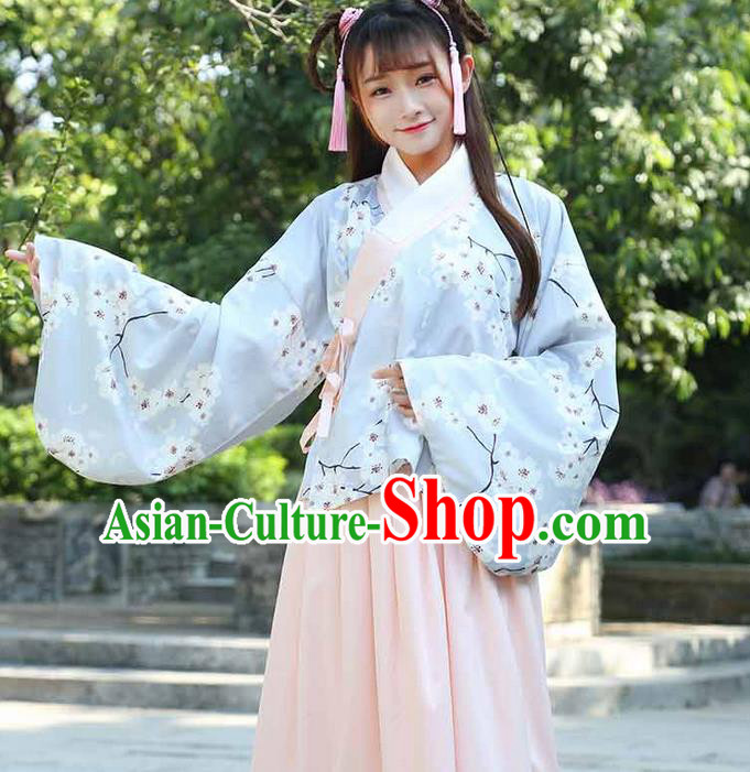 Traditional Ancient Chinese Young Lady Costume Printing Slant Opening Blouse and Slip Skirt Complete Set, Elegant Hanfu Suits Clothing Chinese Ming Dynasty Imperial Princess Dress Clothing for Women