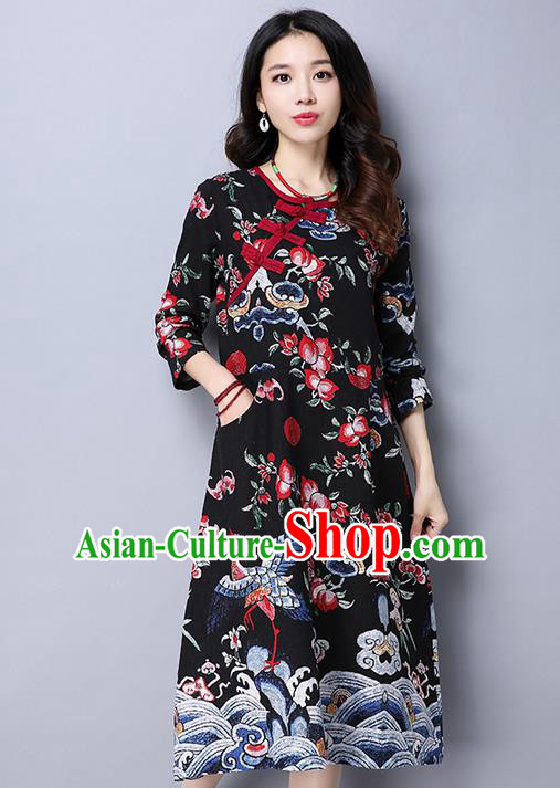Traditional Chinese National Costume, Elegant Hanfu Plated Buttons Long Black Dress, China Tang Suit Cheongsam Upper Outer Garment Elegant Dress Clothing for Women