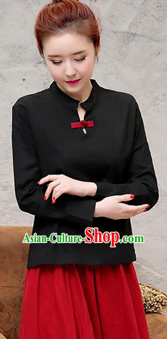 Traditional Chinese National Costume, Elegant Hanfu Stand Collar Black T-Shirt, China Tang Suit Republic of China Plated Buttons Chirpaur Blouse Cheong-sam Upper Outer Garment Qipao Shirts Clothing for Women