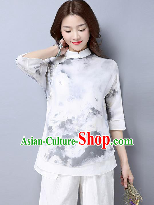 Traditional Chinese National Costume, Elegant Hanfu Printing Flowers Slant Opening White T-Shirt, China Tang Suit Republic of China Plated Buttons Chirpaur Blouse Cheong-sam Upper Outer Garment Qipao Shirts Clothing for Women