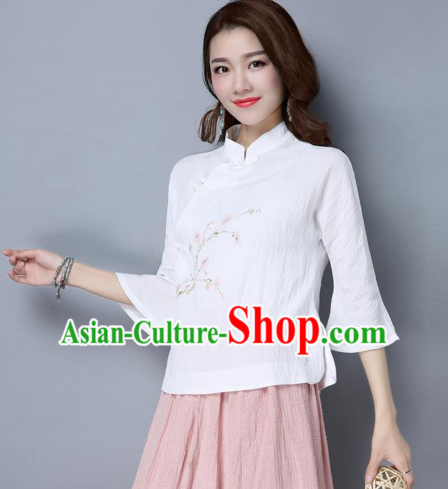Traditional Chinese National Costume, Elegant Hanfu Embroidered Flowers Mandarin Sleeve White T-Shirt, China Tang Suit Republic of China Plated Buttons Chirpaur Blouse Cheong-sam Upper Outer Garment Qipao Shirts Clothing for Women
