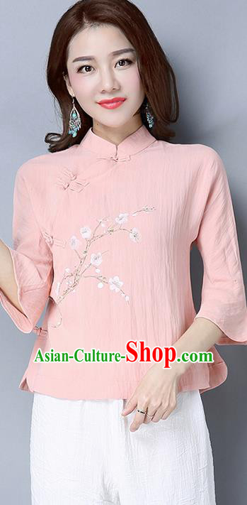 Traditional Chinese National Costume, Elegant Hanfu Embroidered Flowers Mandarin Sleeve Pink T-Shirt, China Tang Suit Republic of China Plated Buttons Chirpaur Blouse Cheong-sam Upper Outer Garment Qipao Shirts Clothing for Women