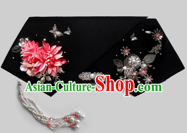 Traditional Ancient Chinese Hair Jewellery Accessories, Chinese Qing Dynasty Manchu Palace Lady Headwear Zhen Huan Big La fin Flowers Beads Tassel Headpiece, Chinese Mandarin Imperial Concubine Flag Head Hat Decoration Accessories for Women