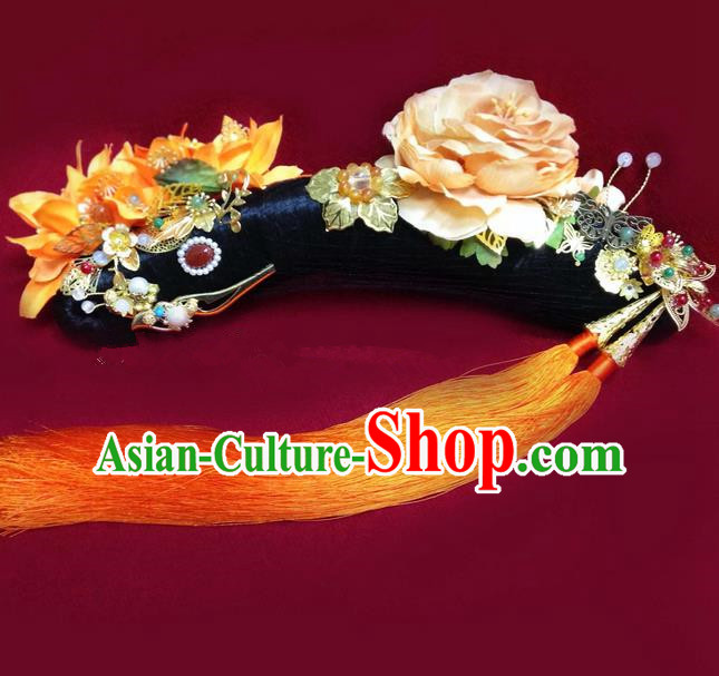 Traditional Ancient Chinese Imperial Consort Hair Jewellery Accessories, Chinese Qing Dynasty Manchu Palace Lady Wig and Zhen Huan Big La fin Headpiece Complete Set, Chinese Mandarin Imperial Concubine Flag Head Hat Decoration Accessories for Women