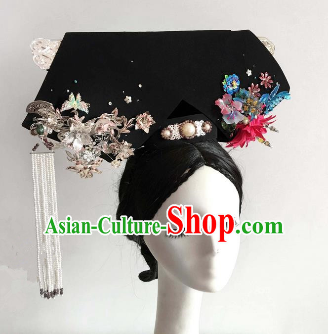 Traditional Ancient Chinese Imperial Consort Hair Jewellery Accessories, Chinese Handmade Qing Dynasty Manchu Palace Lady Headwear Zhen Huan Big La fin Headpiece, Chinese Mandarin Imperial Concubine Flag Head Hat Decoration Accessories for Women