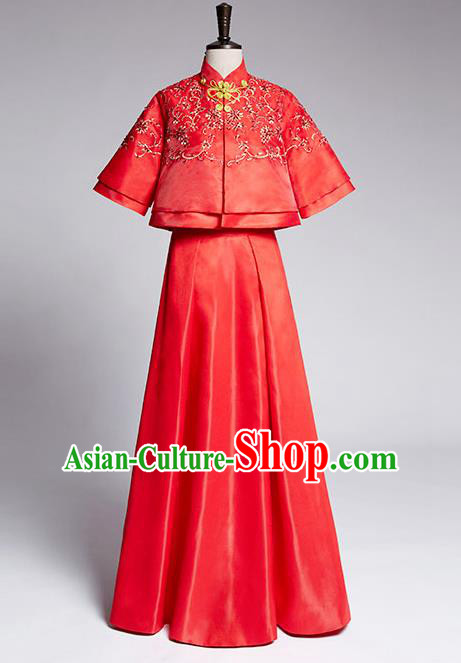 Traditional Ancient Chinese Costume Xiuhe Suits, Chinese Style Wedding Dress Red Restoring Ancient Longfeng Dragon and Phoenix Flown, Bride Toast Cheongsam for Women