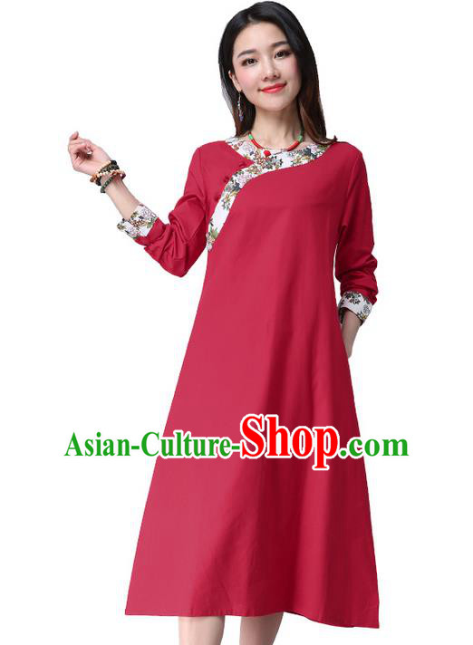 Traditional Ancient Chinese National Costume, Elegant Hanfu Printing Slant Opening Red Dress, China Tang Suit Cheongsam Garment Elegant Dress Clothing for Women