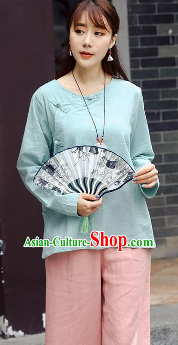 Traditional Chinese National Costume, Elegant Hanfu Linen Slant Opening Blue T-Shirt, China Tang Suit Plated Buttons Chirpaur Blouse Round Collar Cheong-sam Upper Outer Garment Qipao Shirts Clothing for Women