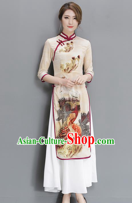 Traditional Ancient Chinese National Costume, Elegant Hanfu Mandarin Qipao Printing White Dress, China Tang Suit Stand Collar Cheongsam Upper Outer Garment Elegant Dress Clothing for Women