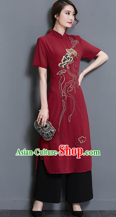 Traditional Ancient Chinese National Costume, Elegant Hanfu Mandarin Qipao Embroidered Red Dress and Black Loose Pants Complete Set, China Tang Suit Cheongsam Upper Outer Garment Elegant Dress Clothing for Women
