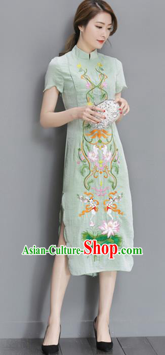 Traditional Ancient Chinese National Costume, Elegant Hanfu Mandarin Qipao Embroidered Lotus Green Dress, China Tang Suit Cheongsam Upper Outer Garment Elegant Dress Clothing for Women