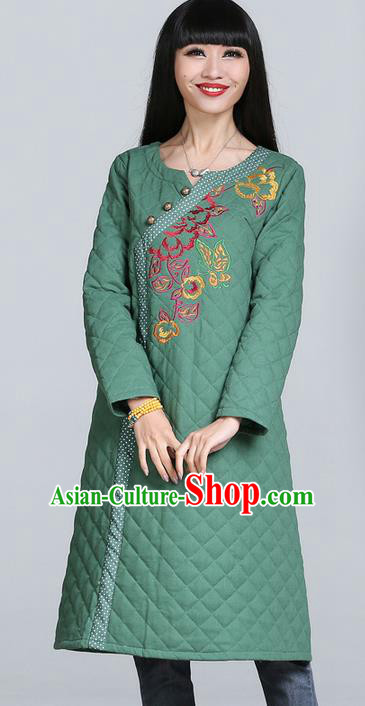 Traditional Chinese National Costume, Elegant Hanfu Cotton Wadded Embroidered Green Dress, China Tang Suit Chirpaur Cheongsam Garment Elegant Dress Clothing for Women