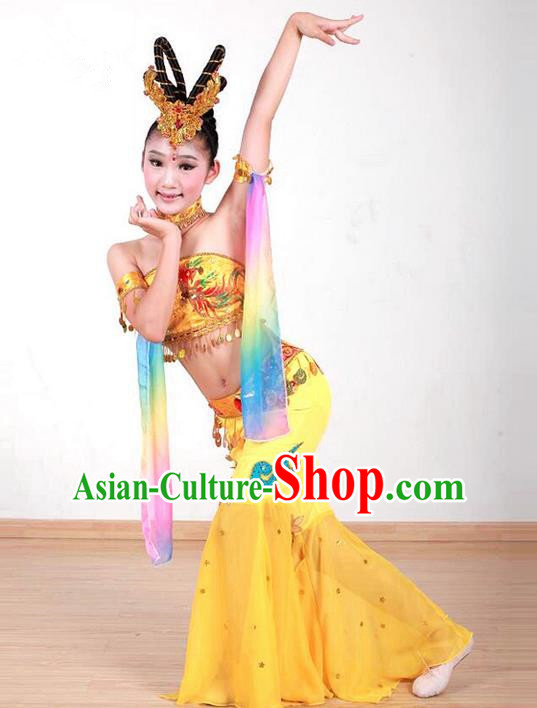 Traditional Chinese Ancient Water Sleeve Dancing Children Girls Costume, Tang Dynasty Classical Flying Dance Costume Dance Clothing for Kids