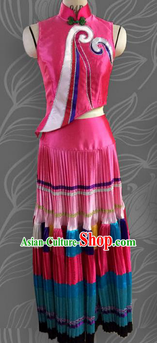Traditional Chinese Yi Nationality Dancing Costume, Female Folk Dance Ethnic Pleated Skirt, Chinese Yi Minority Nationality Embroidery Costume for Women