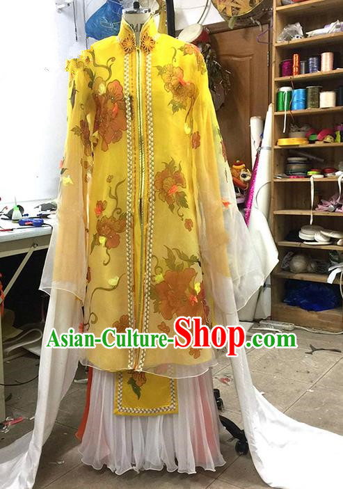 Traditional Chinese Ancient Peking Opera Diva Water Sleeve Dancing Yellow Costume, Classical Folk Dance Costume Drum Dance Clothing for Women