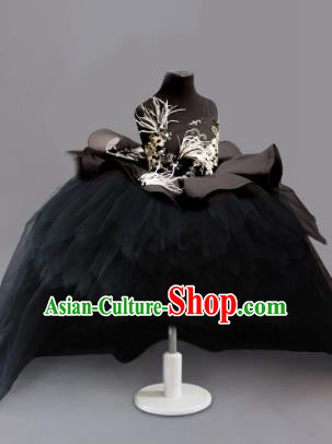 Traditional Chinese Modern Dancing Compere Costume, Children Opening Classic Chorus Singing Group Dance Embroidery Feather Dress, Modern Dance Classic Dance Black Bubble Dress for Girls Kids