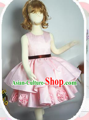 Traditional Chinese Modern Dancing Compere Performance Costume, Children Opening Classic Chorus Singing Group Dance Satin Dinner Dress, Modern Dance Classic Dance Pink Bubble Dress for Girls Kids