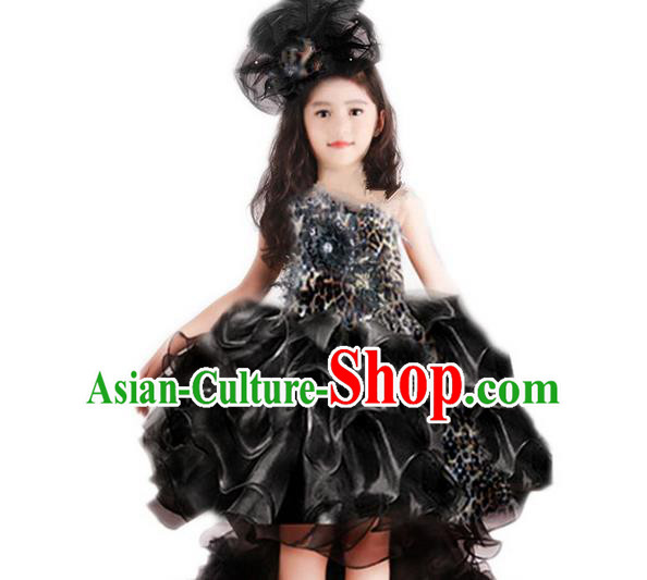 Traditional Chinese Modern Dancing Compere Performance Costume, Children Opening Classic Chorus Singing Group Dance Princess Black Leopard Trailing Full Dress, Modern Dance Halloween Party Dress for Girls Kids