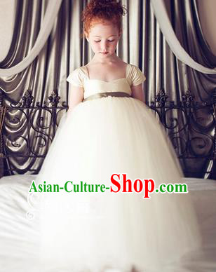 Traditional Chinese Modern Dancing Compere Costume, Children Opening Classic Chorus Singing Group Dance Princess White Veil Full Dress, Modern Dance Classic Dance Bubble Dress for Girls Kids