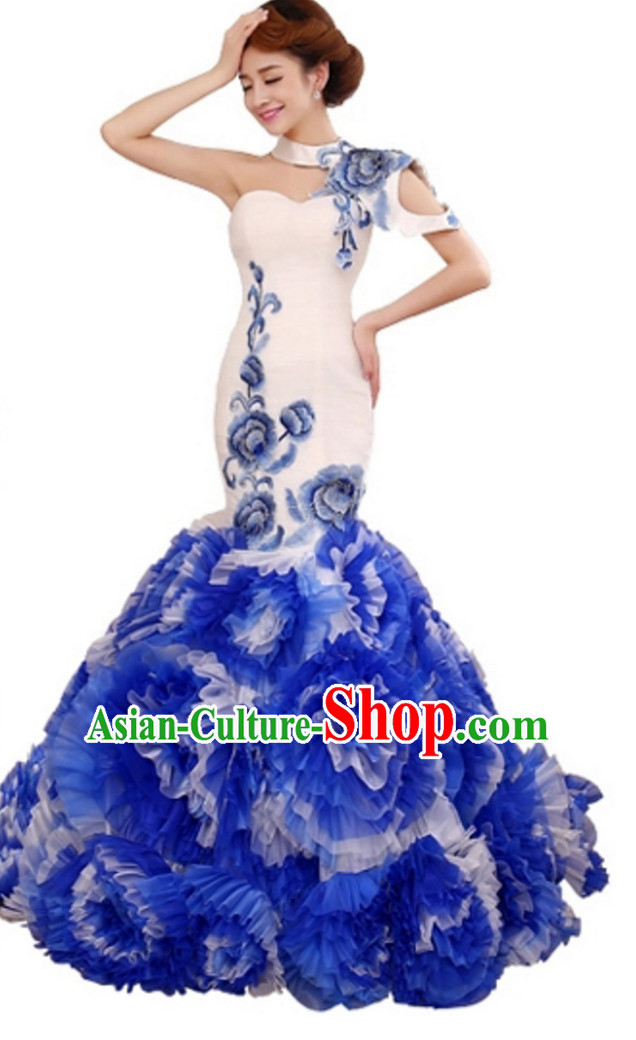 Top Stunning Beautiful Chinese Elegant Classical Cultural Blue White Long Trail Evening Dress Wedding Dress
