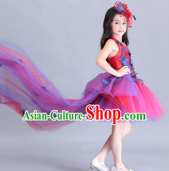 Top Grade Chinese Compere Performance Costume, Children Chorus Singing Group Embroidery Butterfly Red Full Dress Modern Dance Trailing Dress for Girls Kids
