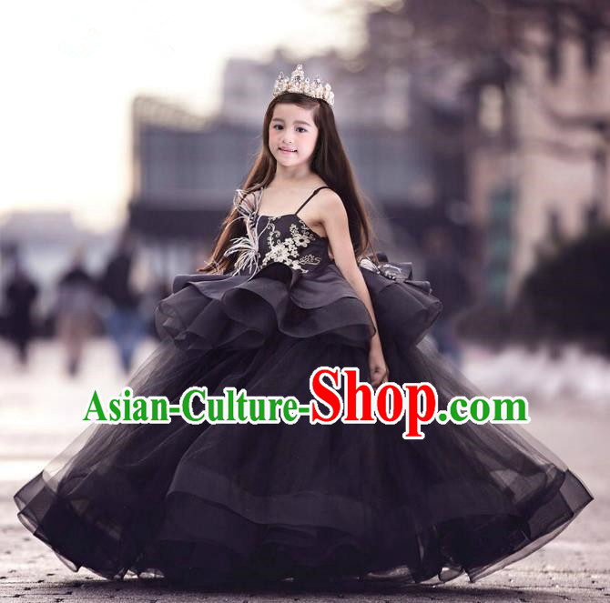Top Grade Chinese Compere Performance Costume, Children Chorus Singing Group Black Long Full Dress Modern Dance Feather Big Swing Bubble Dress for Girls Kids