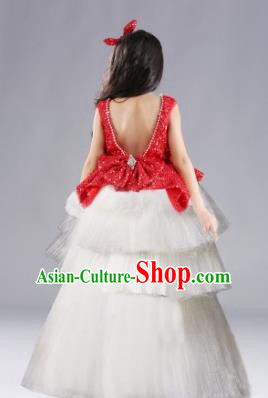 Top Grade Chinese Compere Performance Costume, Children Chorus Singing Group Red Full Dress Modern Dance Trailing Bubble Short Dress for Girls Kids