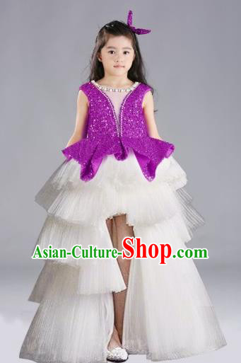 Top Grade Chinese Compere Performance Costume, Children Chorus Singing Group Purple Full Dress Modern Dance Trailing Bubble Short Dress for Girls Kids