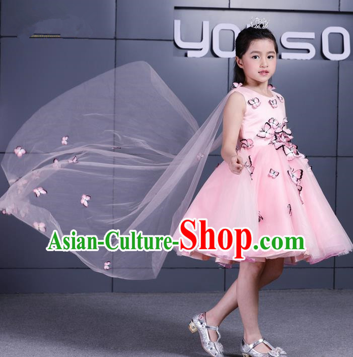 Top Grade Chinese Compere Performance Costume, Children Chorus Singing Group Pink Three-dimensional Butterfly Full Dress Modern Dance Bubble Short Dress for Girls Kids