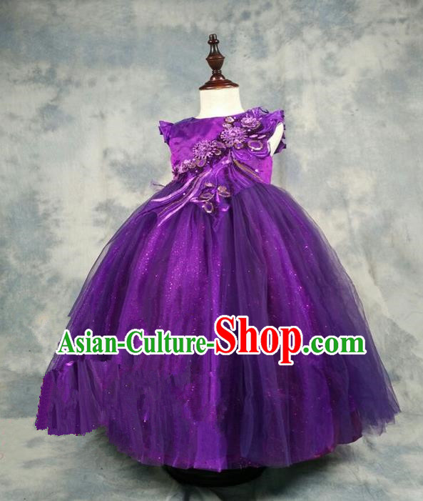 Top Grade Chinese Compere Piano Performance Costume, Children Chorus Singing Group Baby Princess Purple Full Dress Modern Dance Veil Bubble Long Dress for Girls Kids