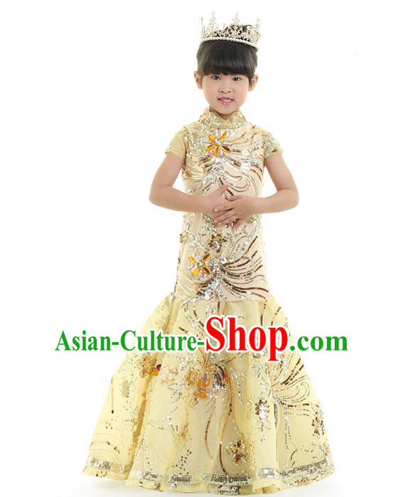 Top Grade Chinese Compere Performance Catwalks Costume, Children Chorus Singing Group Baby Princess Full Dress Modern Dance Mermaid Long Dress for Girls Kids