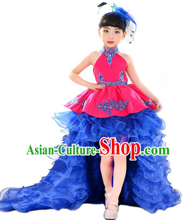 Top Grade Professional Compere Performance China Style Catwalks Costume, Children Chorus Singing Group Paillette Full Dress Modern Dance Trailing Dress for Girls Kids