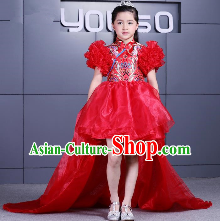 Top Grade Professional Compere Performance China Style Catwalks Costume, Children Chorus Singing Group Dragon Robes Red Full Dress Modern Dance Trailing Dress for Girls Kids